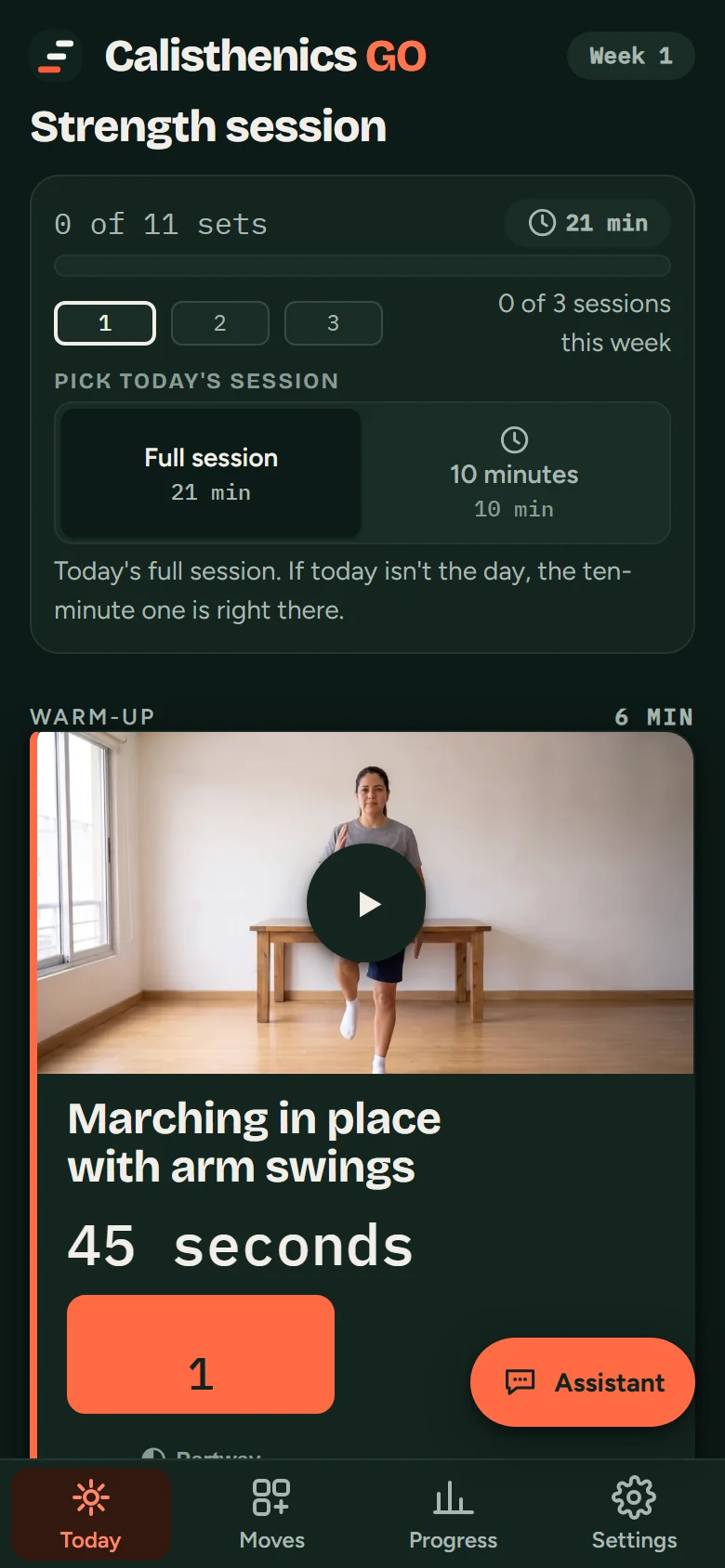 Today's session on a phone: the session name, the sets you have done and the option to do just ten minutes.